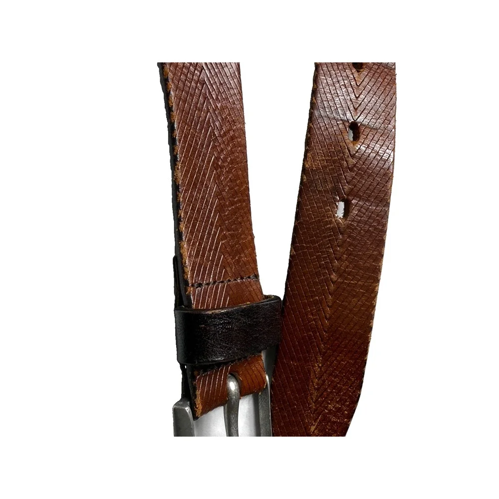 John Varvatos Brown Leather Belt Mens Size 38 Herringbone Texture Handmade Italy